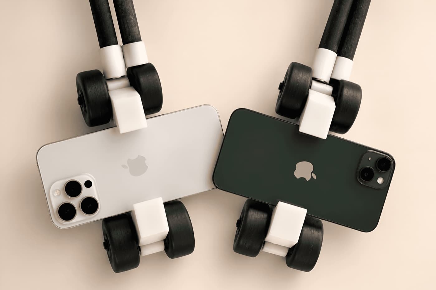 Two phones held in the kit’s angled clamps