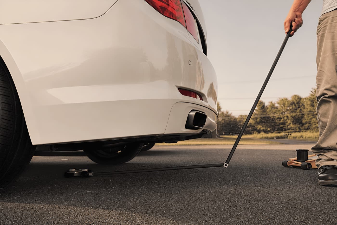 An inspector pushing the kit under a parked car with the extended handle