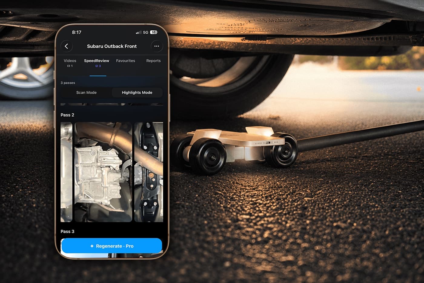 The Raccoon Machines kit under a car with the iPhone app showing the underbody scan